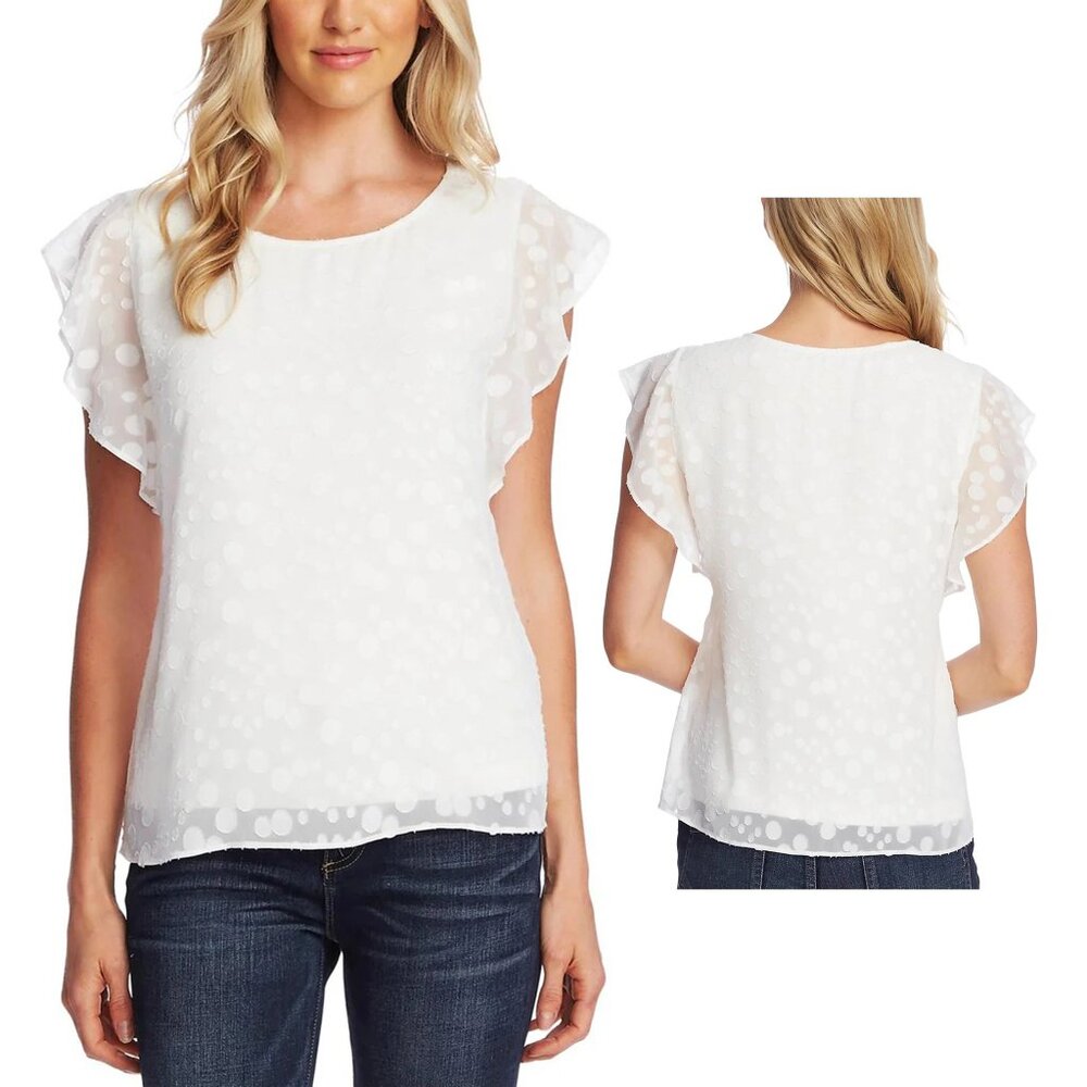 Vince Camuto Womens Size S White Bubble Dot Flutter Sleeve Blouse